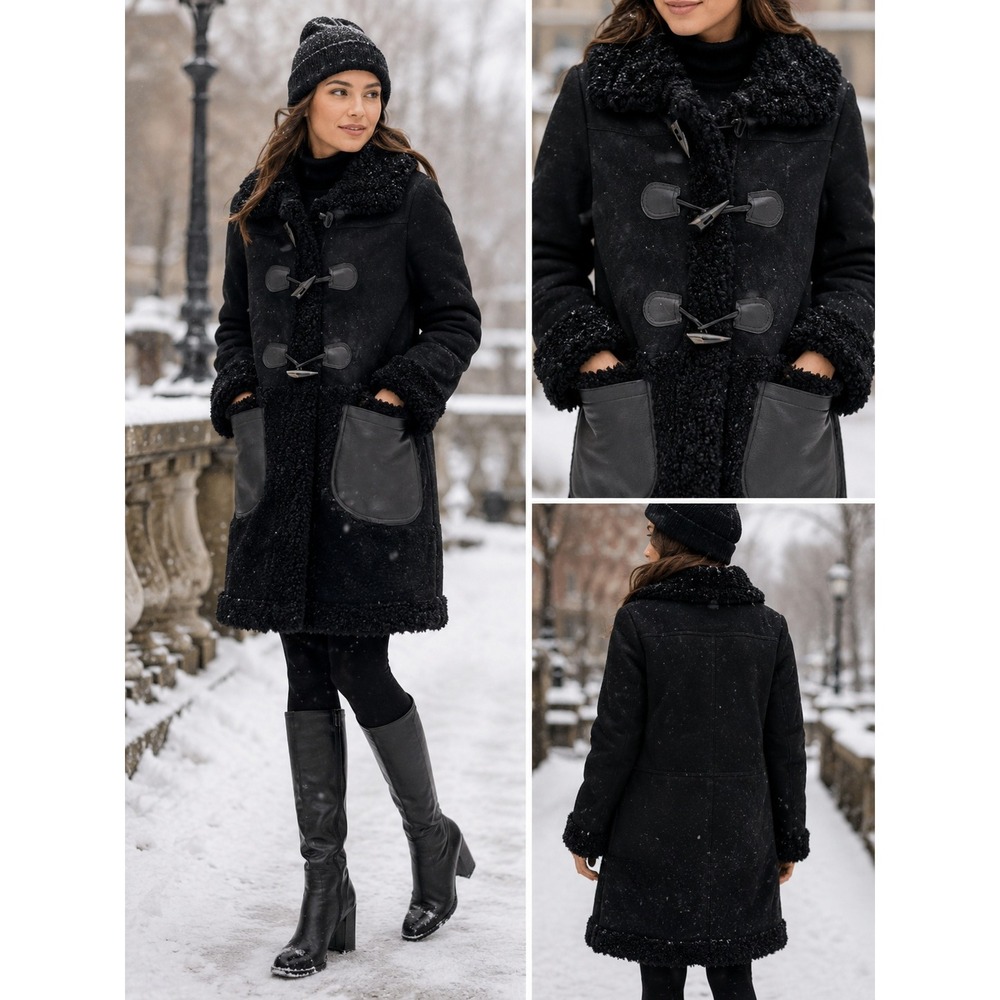 COACH Fall 2015 Sheepskin Duffle Coat M Black Hooded Winter Jacket